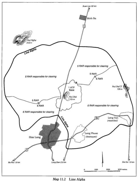 Outline of Line Alpha. This was the line that patrols could work in so they had artillery and mortar fire to support them. This was completed while Nui Dat defences were being built.
