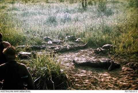 Fire Support Base Coral, Bien Hoa Province, Vietnam, 13 May 1968. The dead bodies of several North Vietnamese Army (NVA) soldiers lying on the ground in front of the gun position of No. 6 gun, 102 Field Battery, 12th Field Regiment, Royal Australian Artillery (RAA), at Fire Support Base (FSB) Coral. The soldiers were killed the previous night when the FSB was attacked by troops of the NVA\\'s 7th Division. This position was temporarily overrun by the NVA and the 105mm M2A2 howitzer was seriously